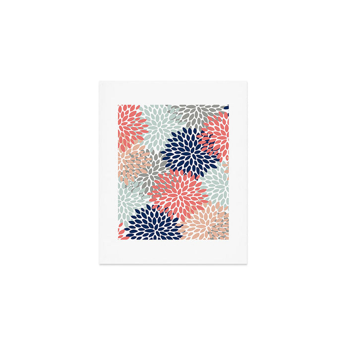 Floral Bloom Print, Living Coral, Pale Aqua Blue, Gray, Navy Art Print Gallery Image 1