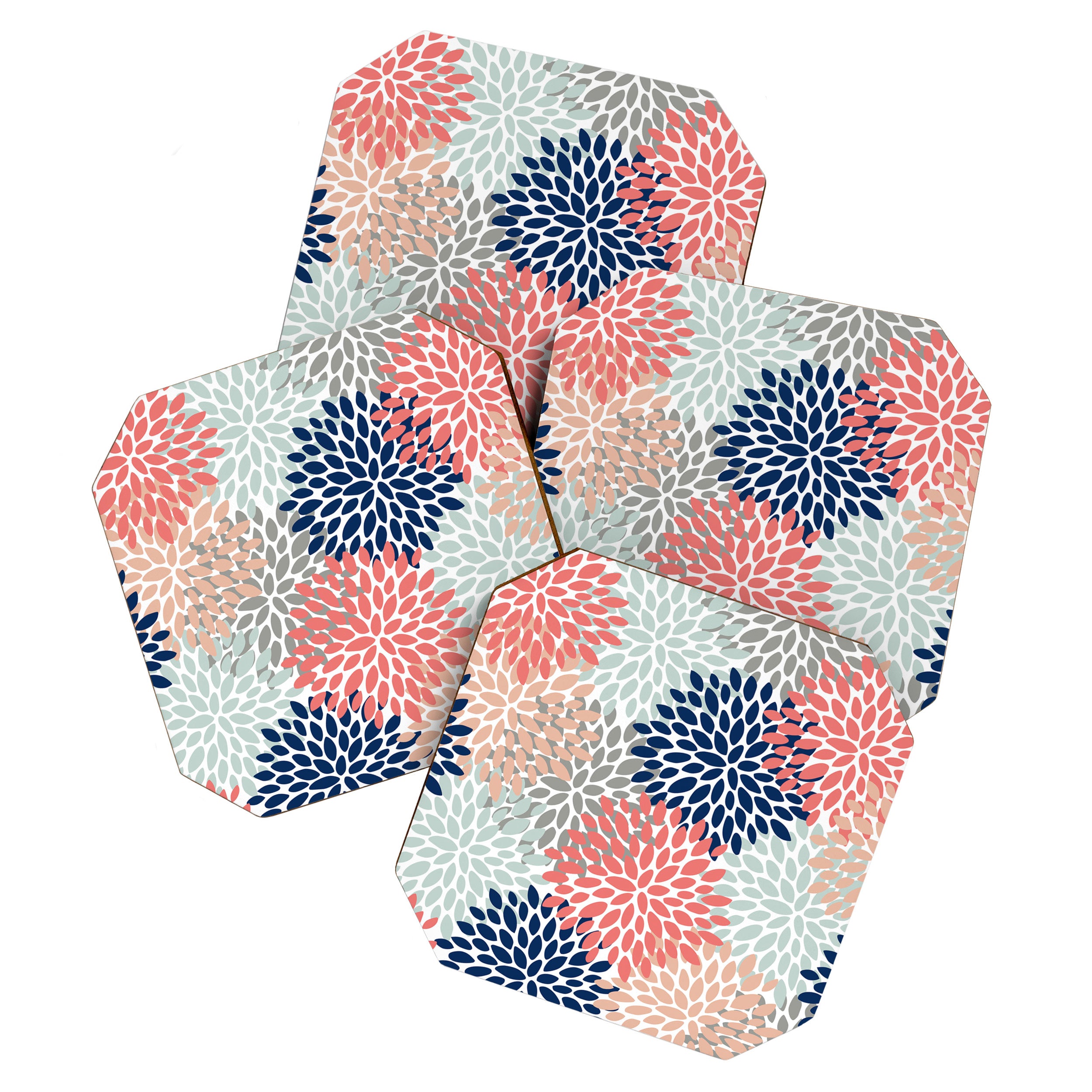 Floral Bloom Print, Living Coral, Pale Aqua Blue, Gray, Navy Coaster Gallery Image 1