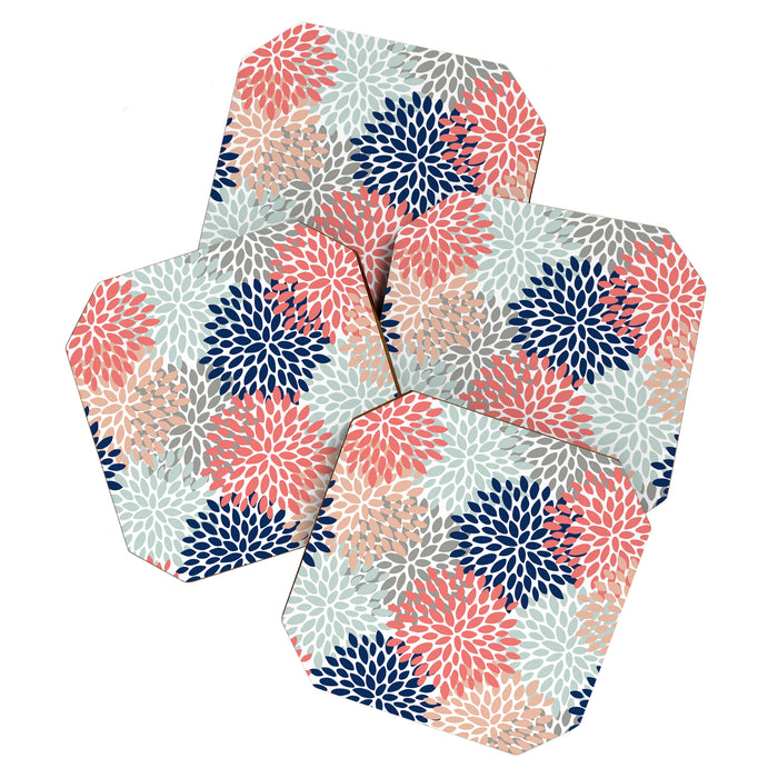 Floral Bloom Print, Living Coral, Pale Aqua Blue, Gray, Navy Coaster Gallery Image 1