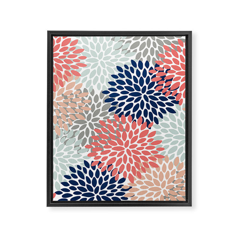 Floral Bloom Print, Living Coral, Pale Aqua Blue, Gray, Navy Framed Canvas Print Gallery Image 8