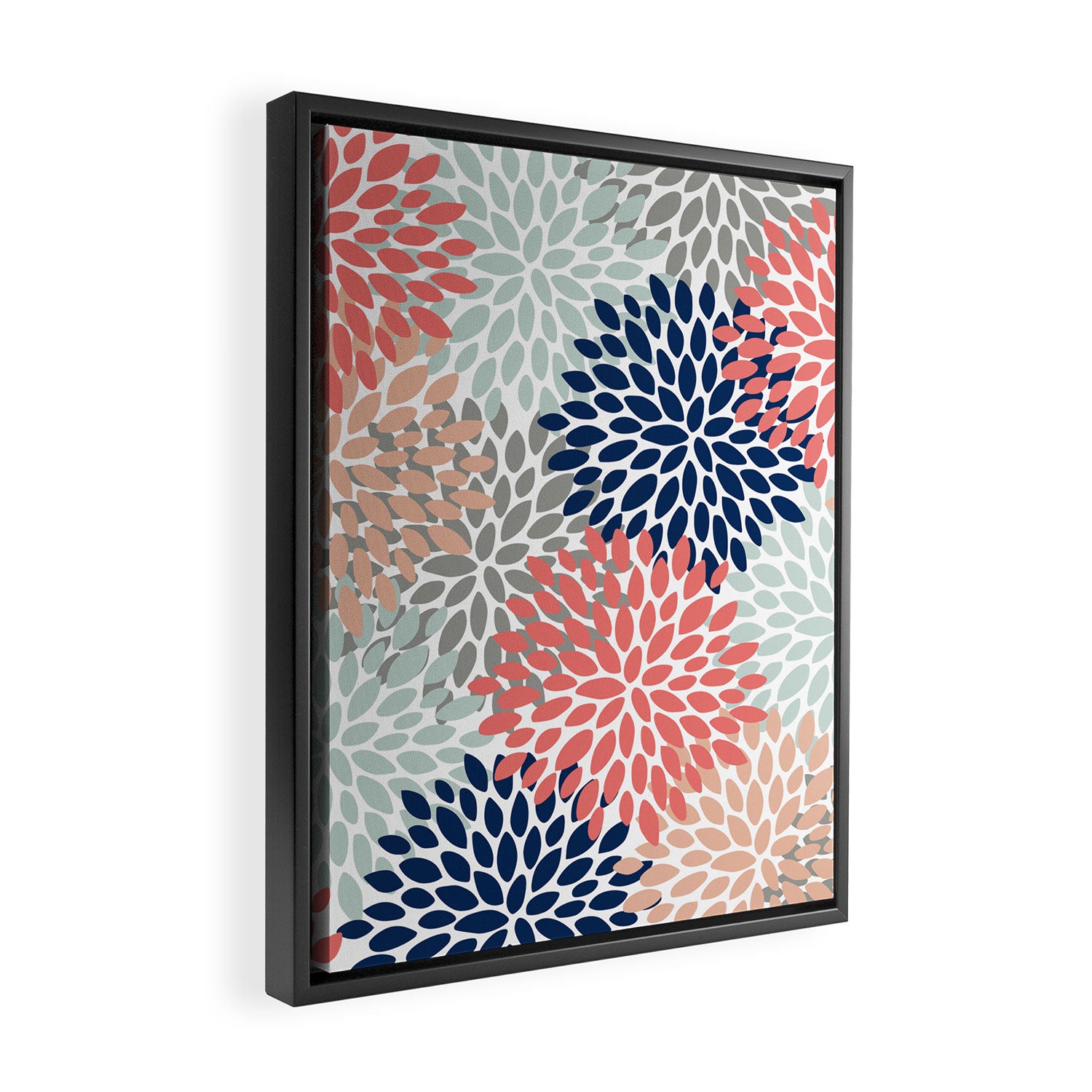 Floral Bloom Print, Living Coral, Pale Aqua Blue, Gray, Navy Framed Canvas Print Gallery Image 2