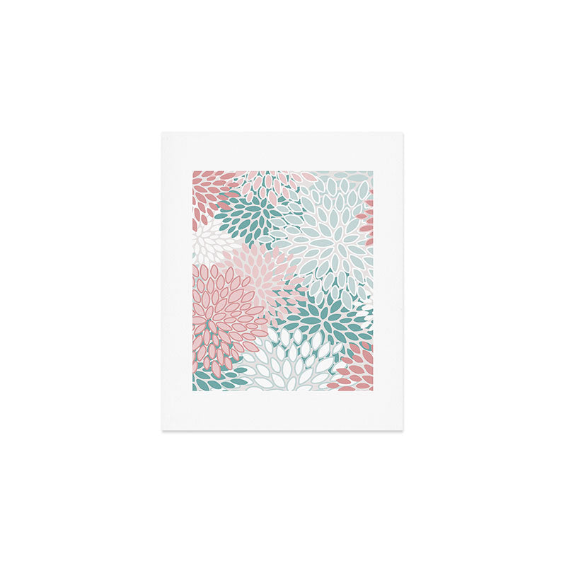 Floral Bloom, Teal, Green, Pink and White Art Print Gallery Image 1
