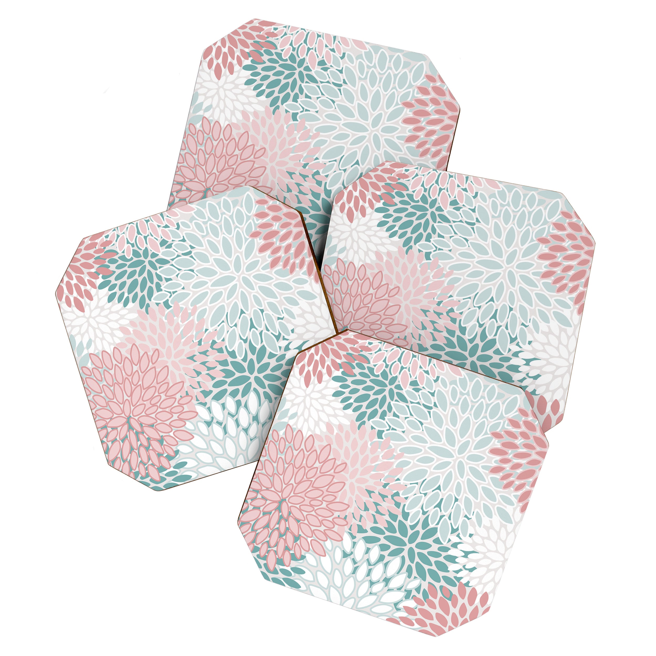 Floral Bloom, Teal, Green, Pink and White Coaster Gallery Image 1