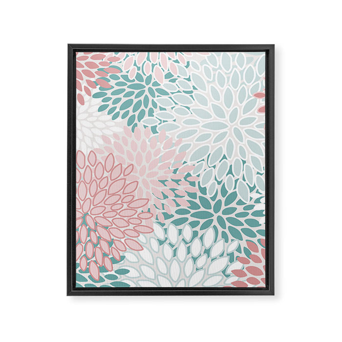 Floral Bloom, Teal, Green, Pink and White Framed Canvas Print Gallery Image 1