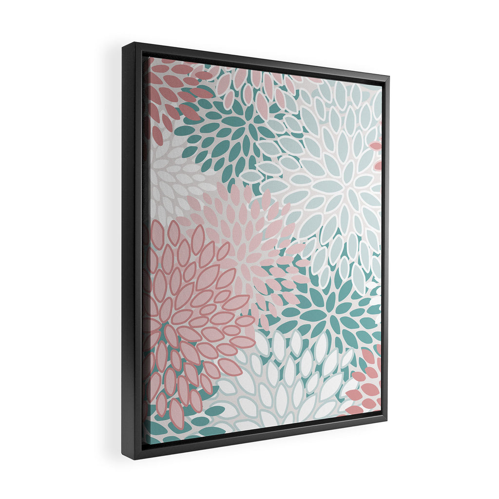 Floral Bloom, Teal, Green, Pink and White Framed Canvas Print Gallery Image 2