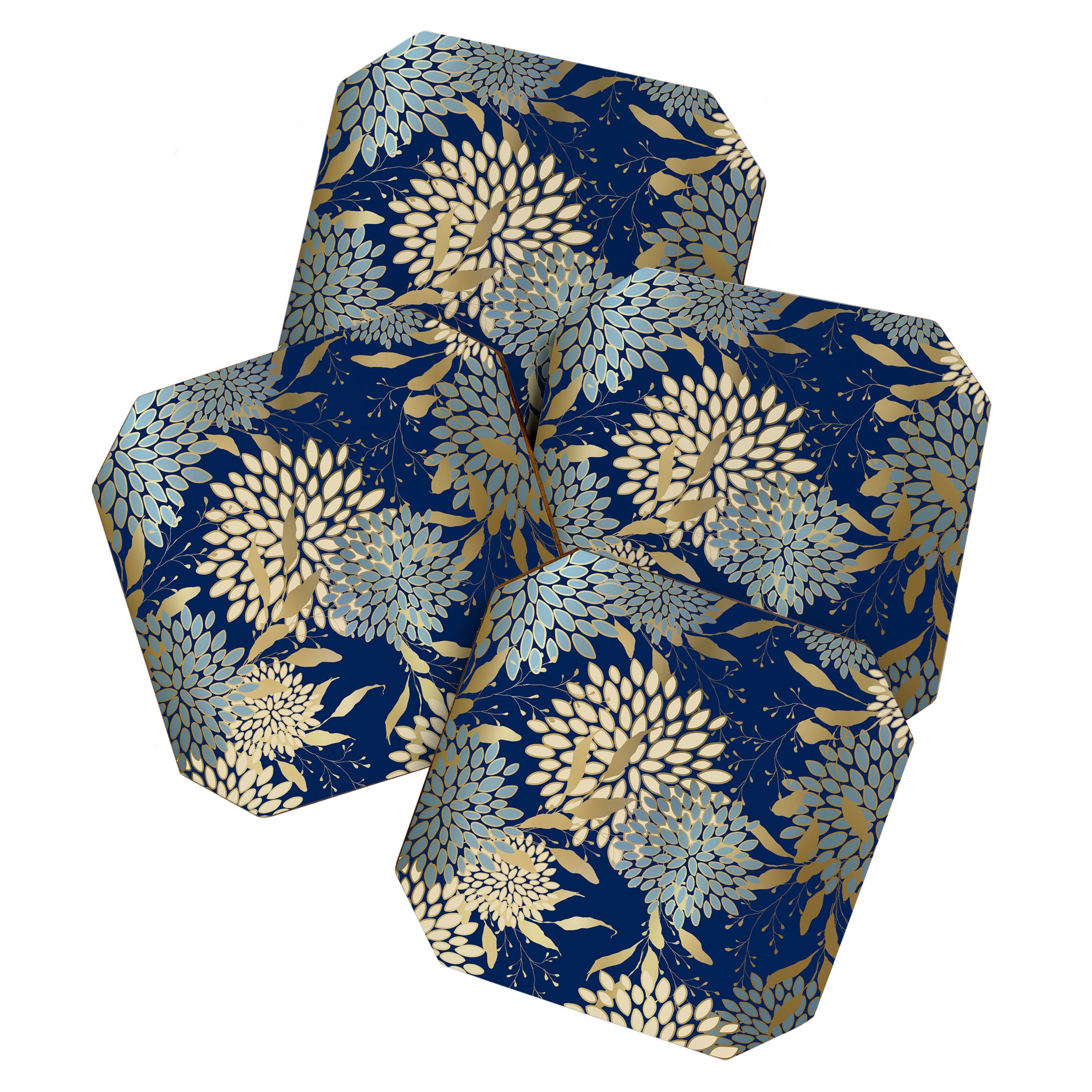 Floral Blooms and Leave, Blue, Navy, Gold, Cream Coaster Gallery Image 1
