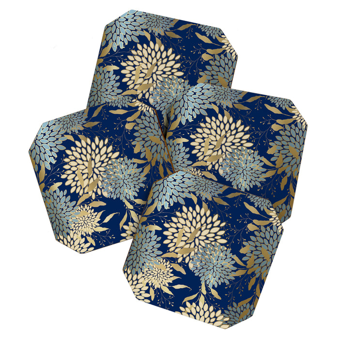 Floral Blooms and Leave, Blue, Navy, Gold, Cream Coaster Gallery Image 1