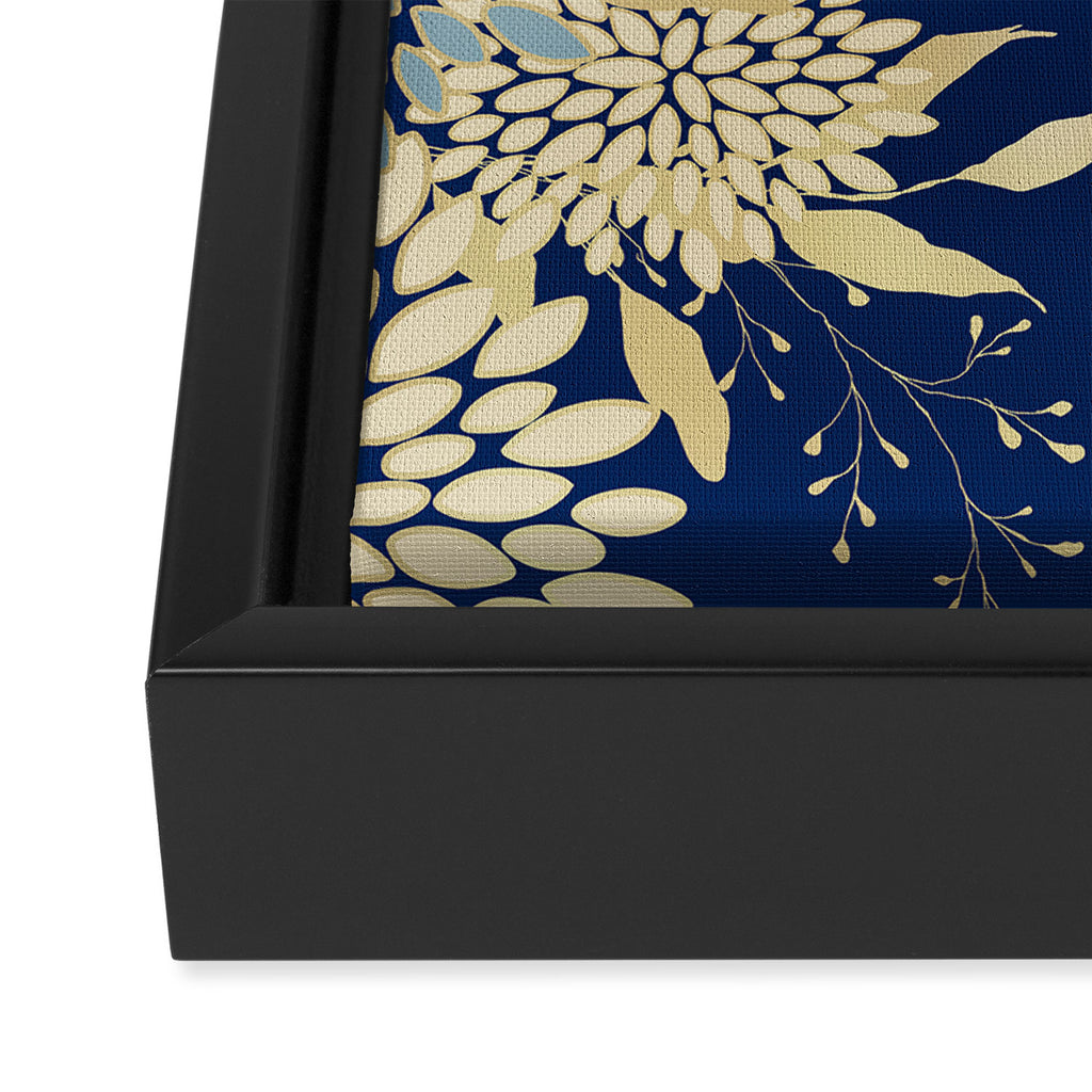 Floral Blooms and Leave, Blue, Navy, Gold, Cream Framed Canvas Print Gallery Image 3