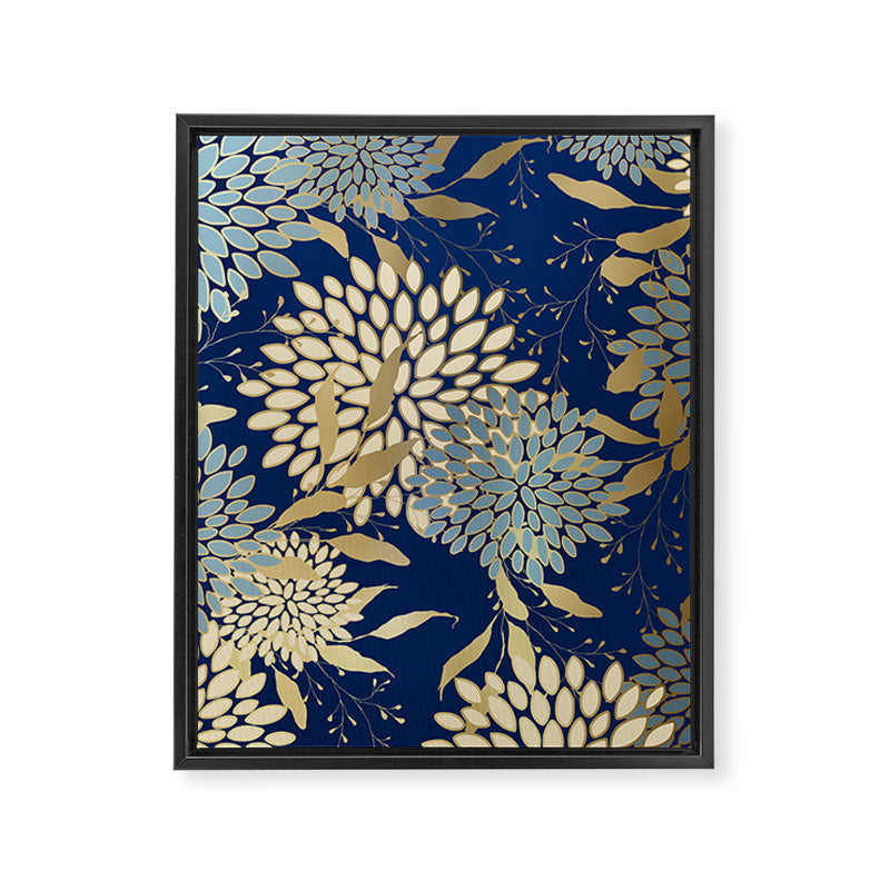 Floral Blooms and Leave, Blue, Navy, Gold, Cream Framed Canvas Print Gallery Image 8