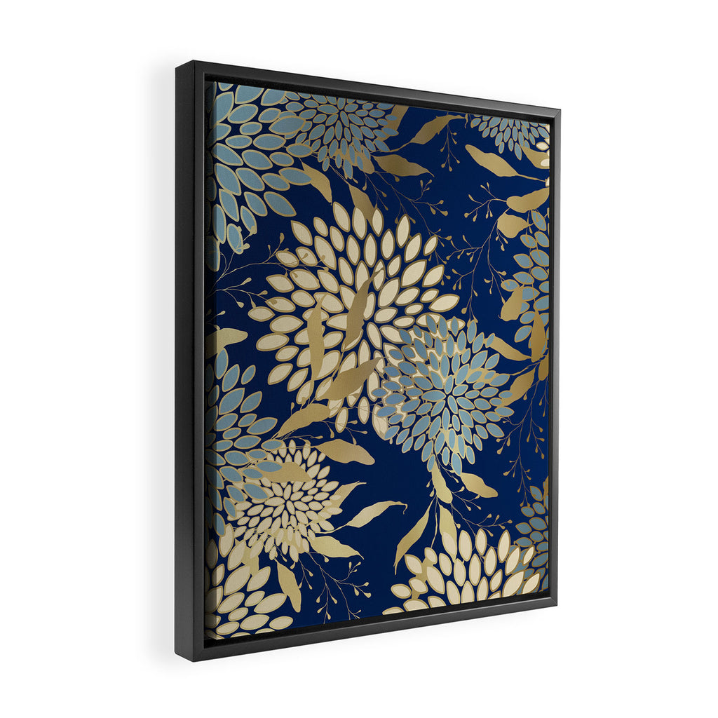 Floral Blooms and Leave, Blue, Navy, Gold, Cream Framed Canvas Print Gallery Image 2