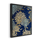 Floral Blooms and Leave, Blue, Navy, Gold, Cream Framed Canvas Print Gallery Image 2