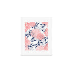 Floral Blooms and Leaves, Navy Blue, Pink and White Art Print Gallery Image 1