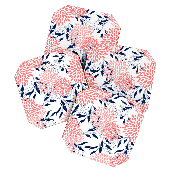 Floral Blooms and Leaves, Navy Blue, Pink and White Coaster Gallery Image 1