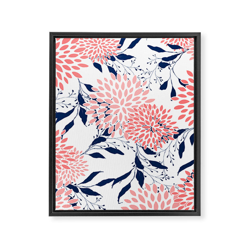 Floral Blooms and Leaves, Navy Blue, Pink and White Framed Canvas Print Gallery Image 8