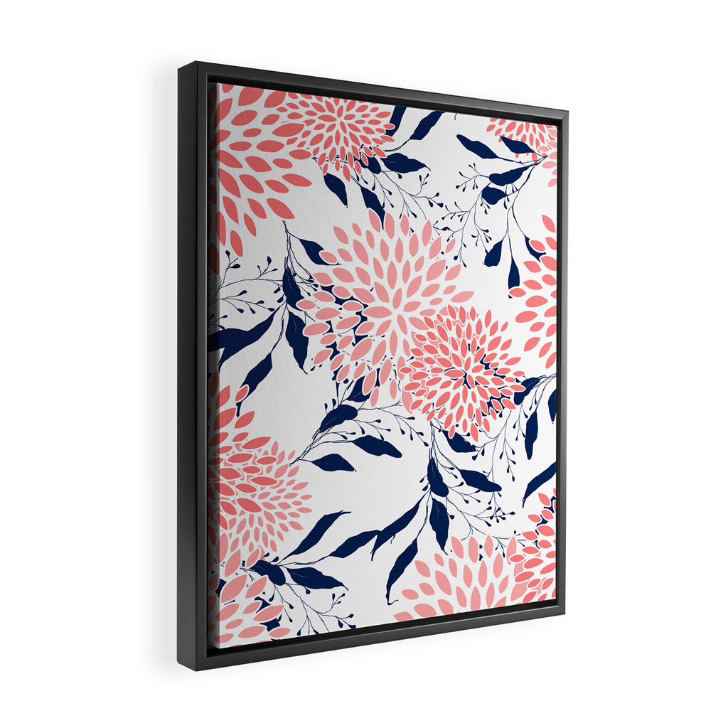 Floral Blooms and Leaves, Navy Blue, Pink and White Framed Canvas Print Gallery Image 2