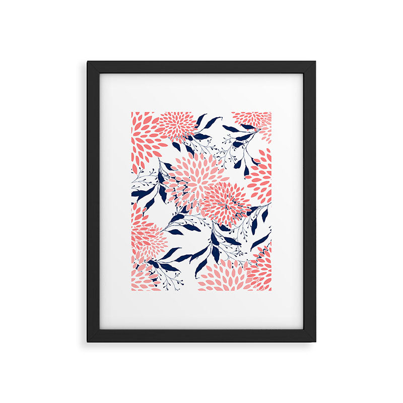 Floral Blooms and Leaves, Navy Blue, Pink and White Framed Art Print Gallery Image 6