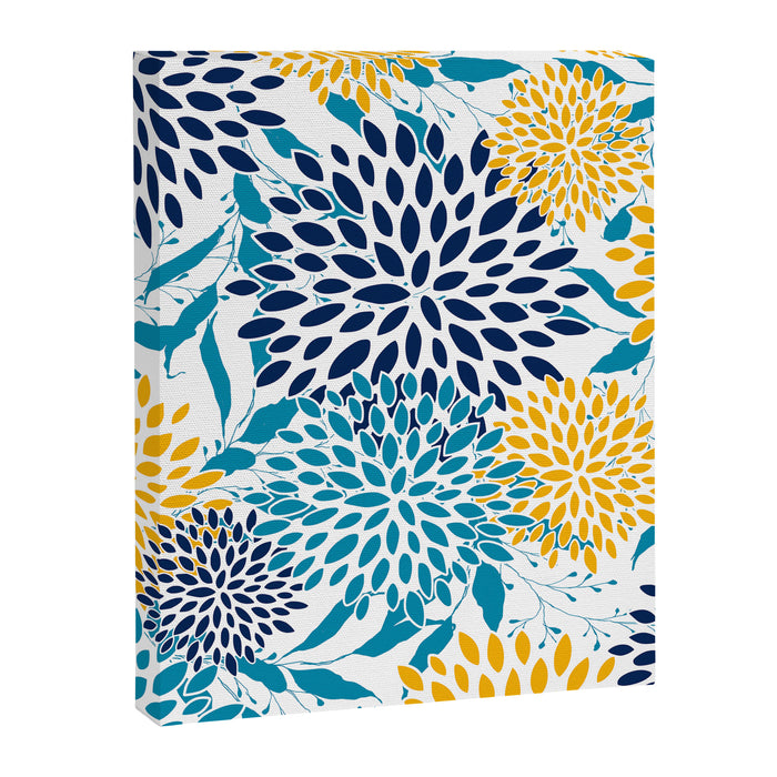 Floral Blooms and Leaves, Navy, Teal Blue, Yellow Canvas Print Gallery Image 1