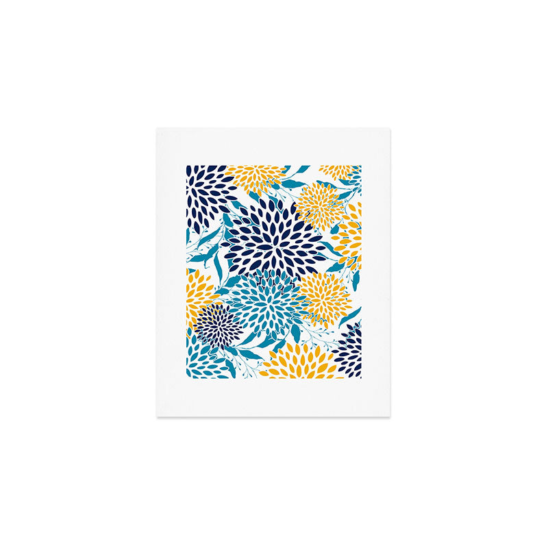 Floral Blooms and Leaves, Navy, Teal Blue, Yellow Art Print Gallery Image 1