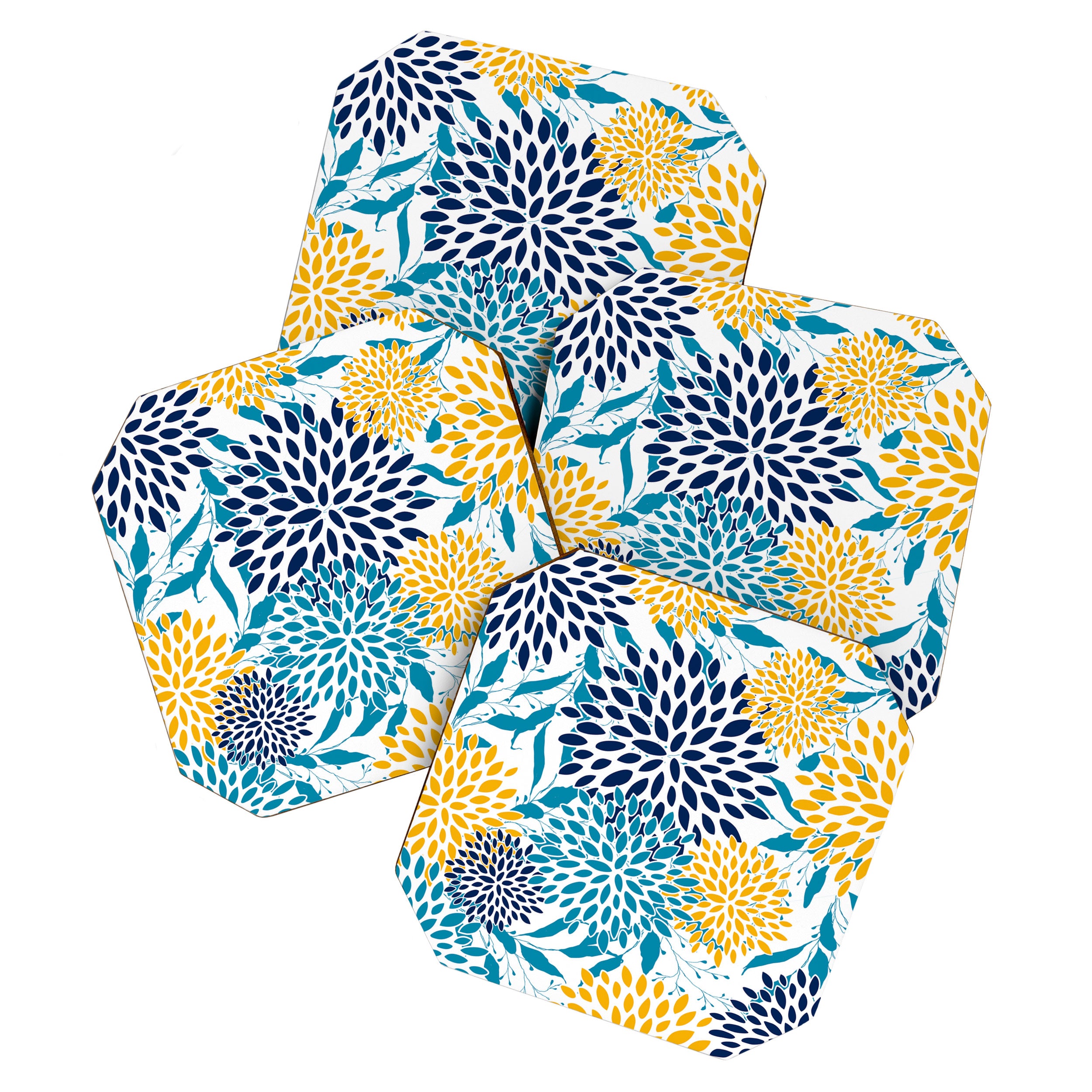 Floral Blooms and Leaves, Navy, Teal Blue, Yellow Coaster Gallery Image 1