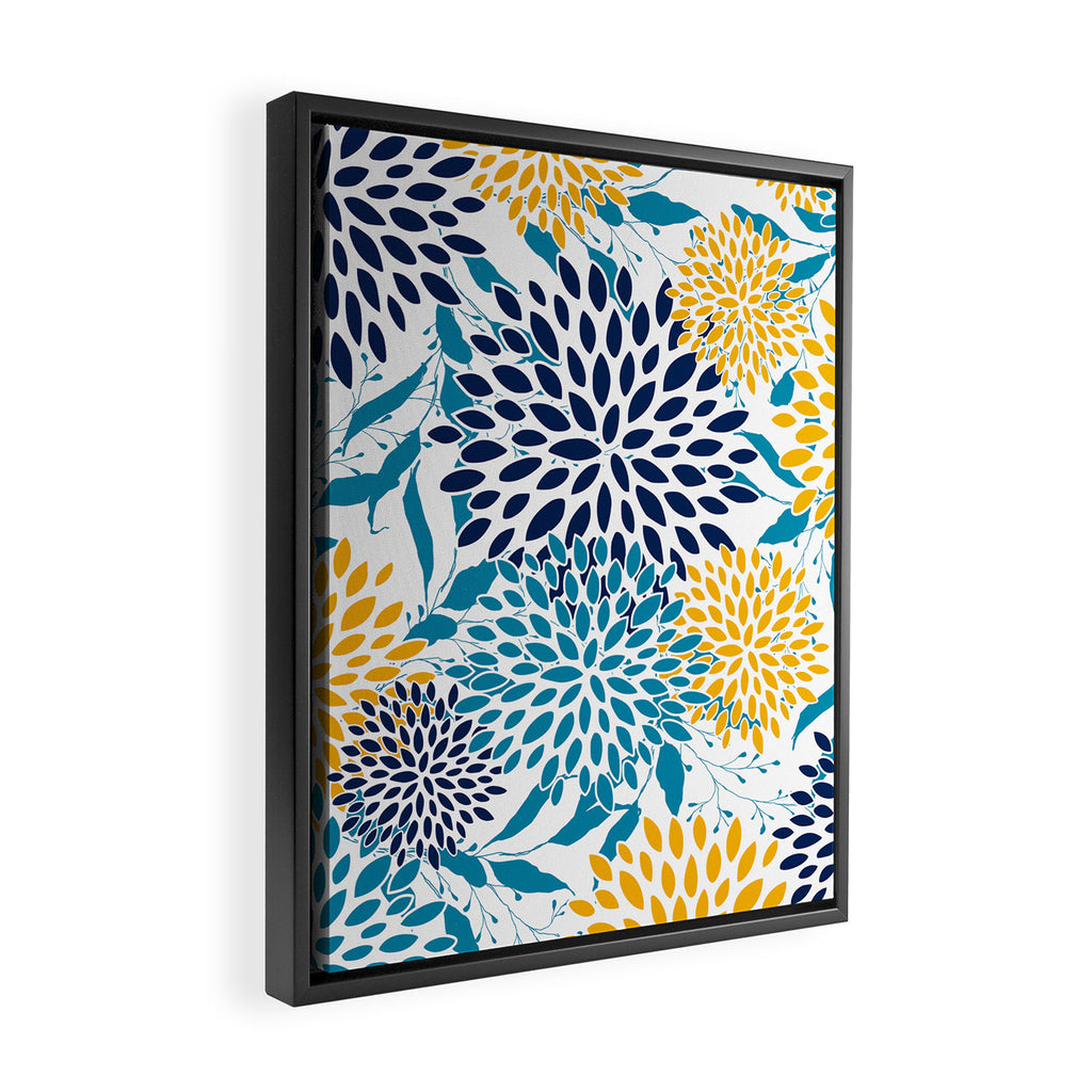 Floral Blooms and Leaves, Navy, Teal Blue, Yellow Framed Canvas Print Gallery Image 2