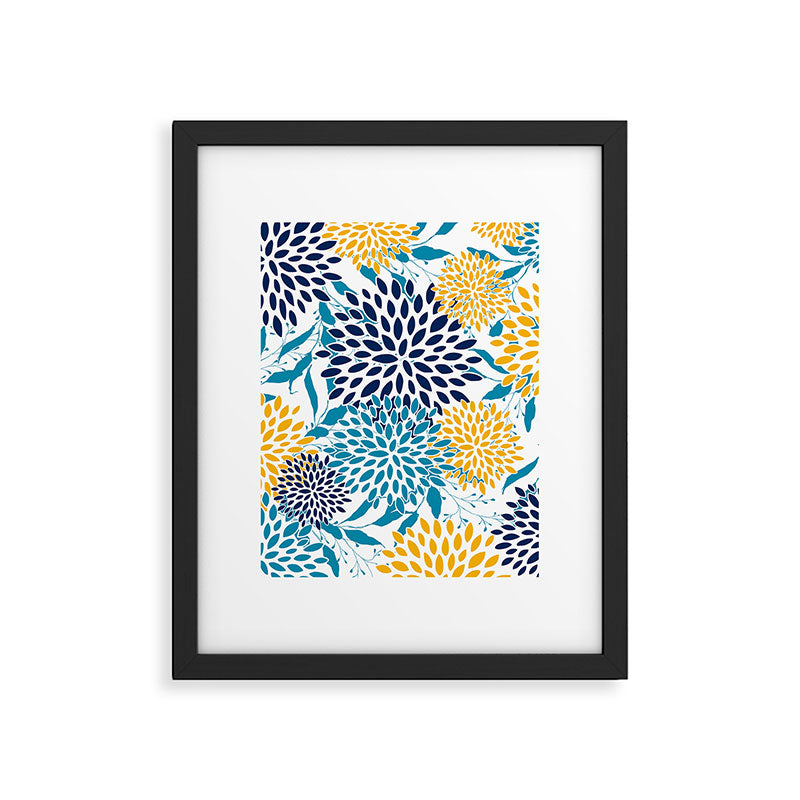 Floral Blooms and Leaves, Navy, Teal Blue, Yellow Framed Art Print Gallery Image 6