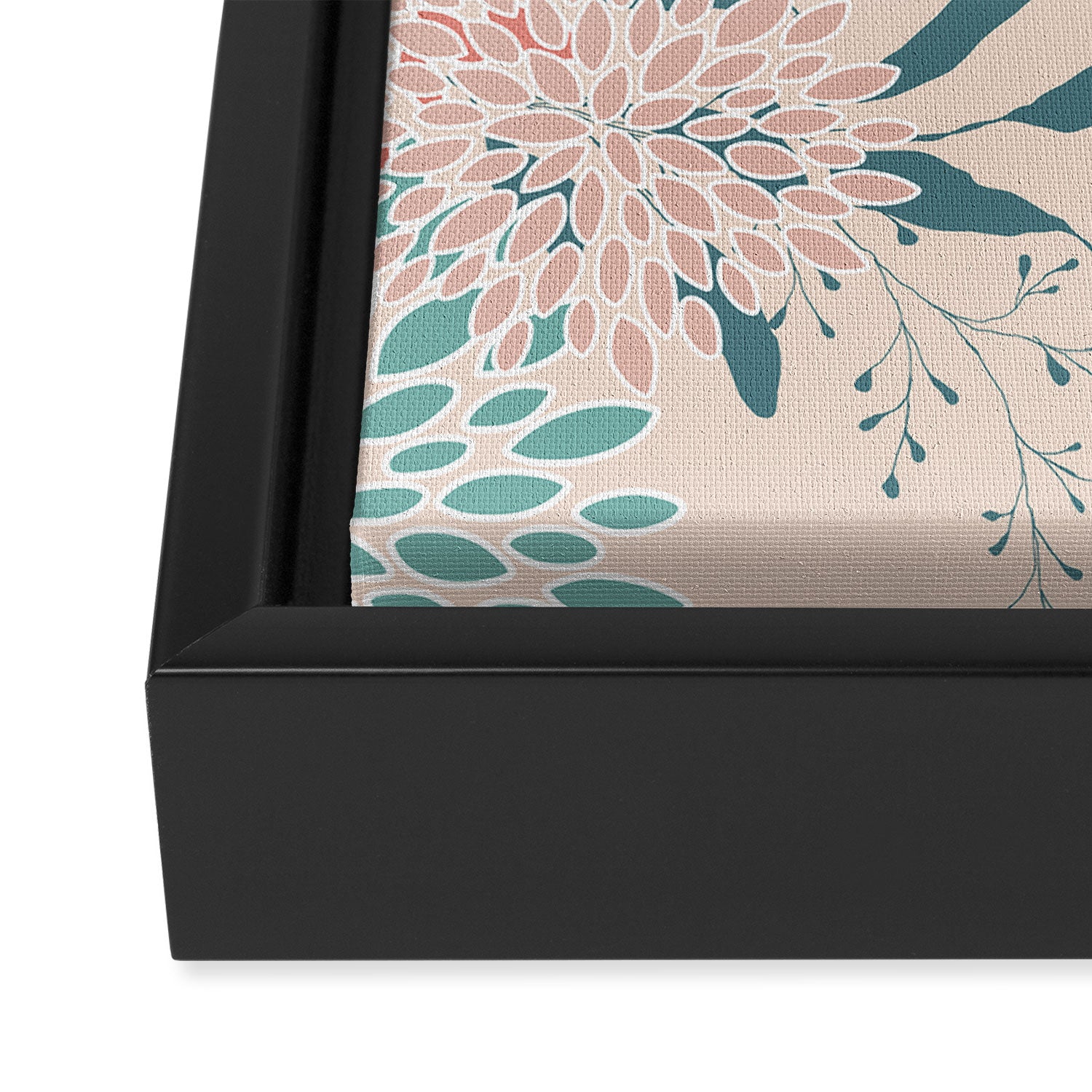 Floral Blooms and Leaves, Peach, Coral and Teal Framed Canvas Print Gallery Image 3