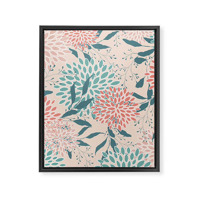 Floral Blooms and Leaves, Peach, Coral and Teal Framed Canvas Print Gallery Image 8