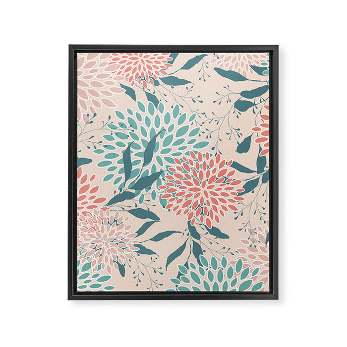 Floral Blooms and Leaves, Peach, Coral and Teal Framed Canvas Print Gallery Image 1