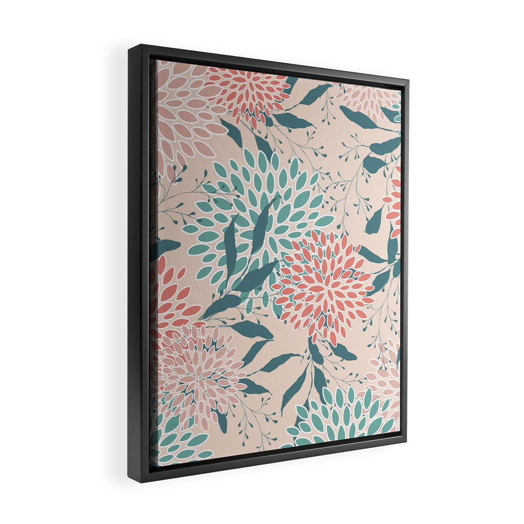 Floral Blooms and Leaves, Peach, Coral and Teal Framed Canvas Print Gallery Image 2