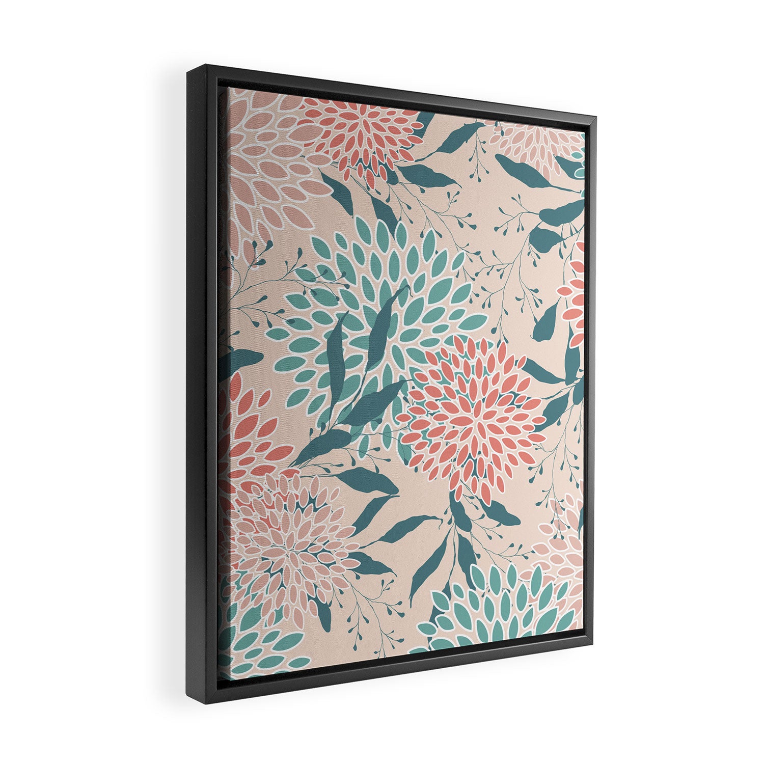 Floral Blooms and Leaves, Peach, Coral and Teal Framed Canvas Print Gallery Image 2