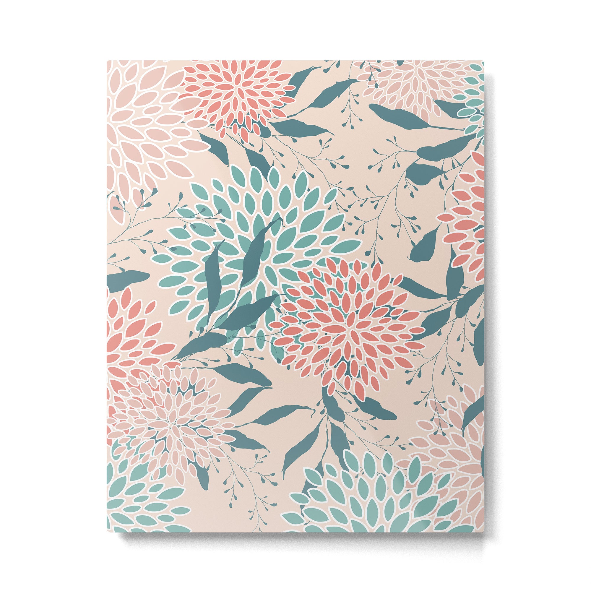 Floral Blooms and Leaves, Peach, Coral and Teal Metal Print Gallery Image 6