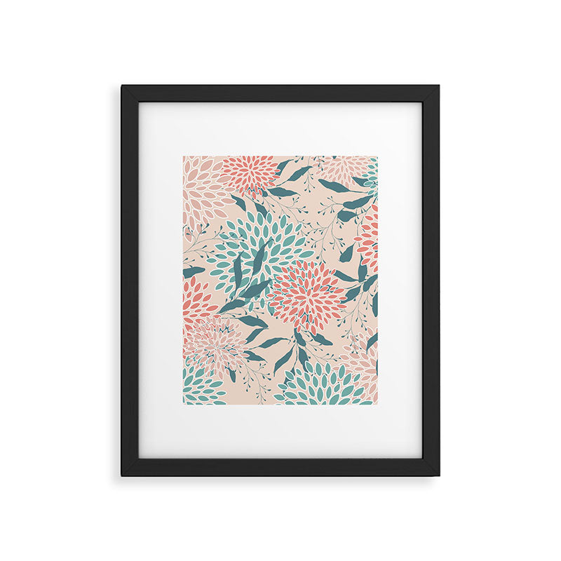 Floral Blooms and Leaves, Peach, Coral and Teal Framed Art Print Gallery Image 6