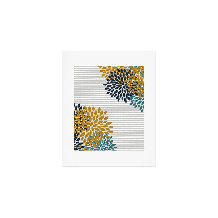 Floral Blooms and Stripes, Navy Blue, Teal, Yellow, Gray Art Print Gallery Image 1
