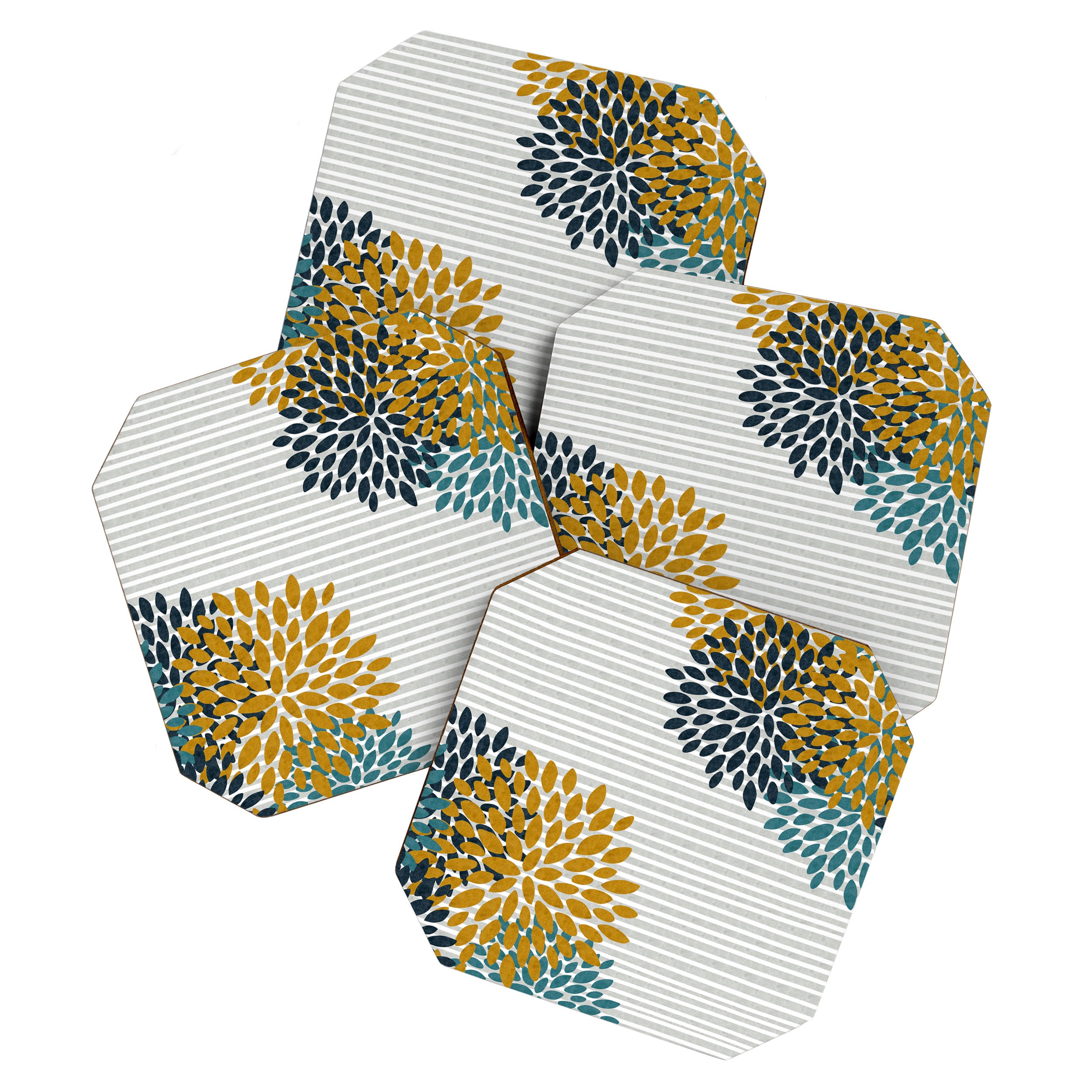 Floral Blooms and Stripes, Navy Blue, Teal, Yellow, Gray Coaster Gallery Image 1