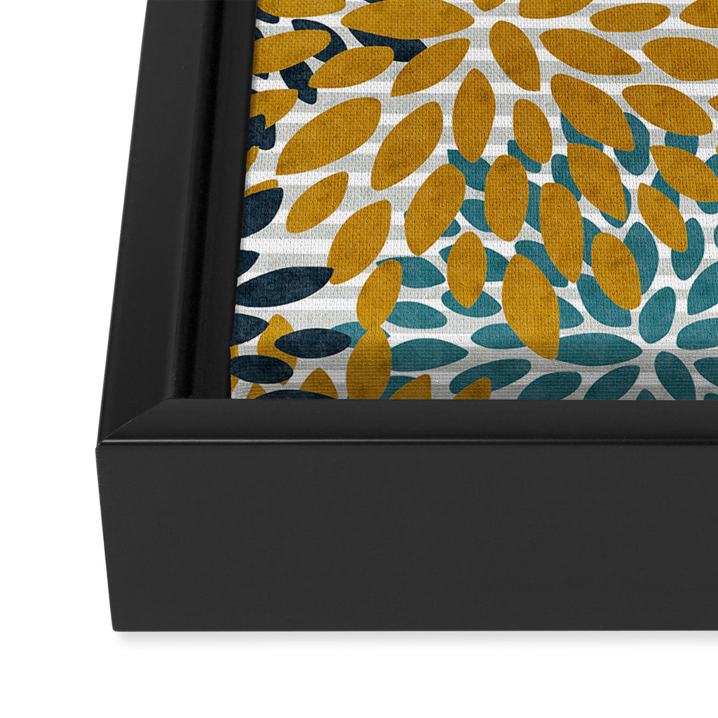 Floral Blooms and Stripes, Navy Blue, Teal, Yellow, Gray Framed Canvas Print Gallery Image 3