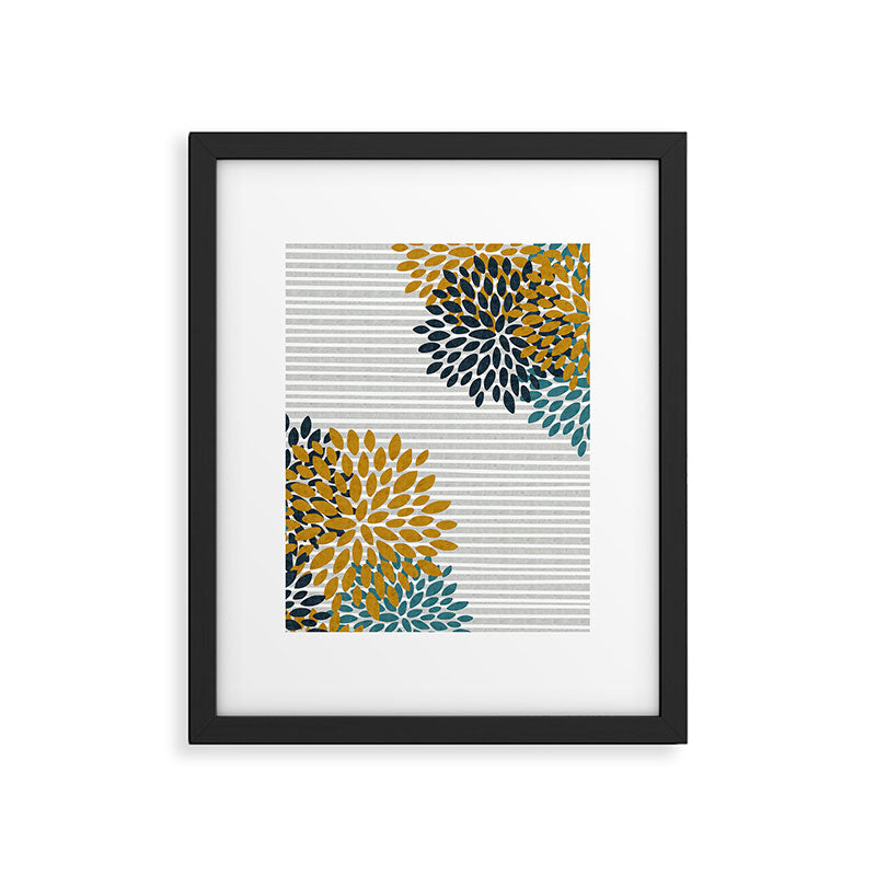 Floral Blooms and Stripes, Navy Blue, Teal, Yellow, Gray Framed Art Print Gallery Image 4