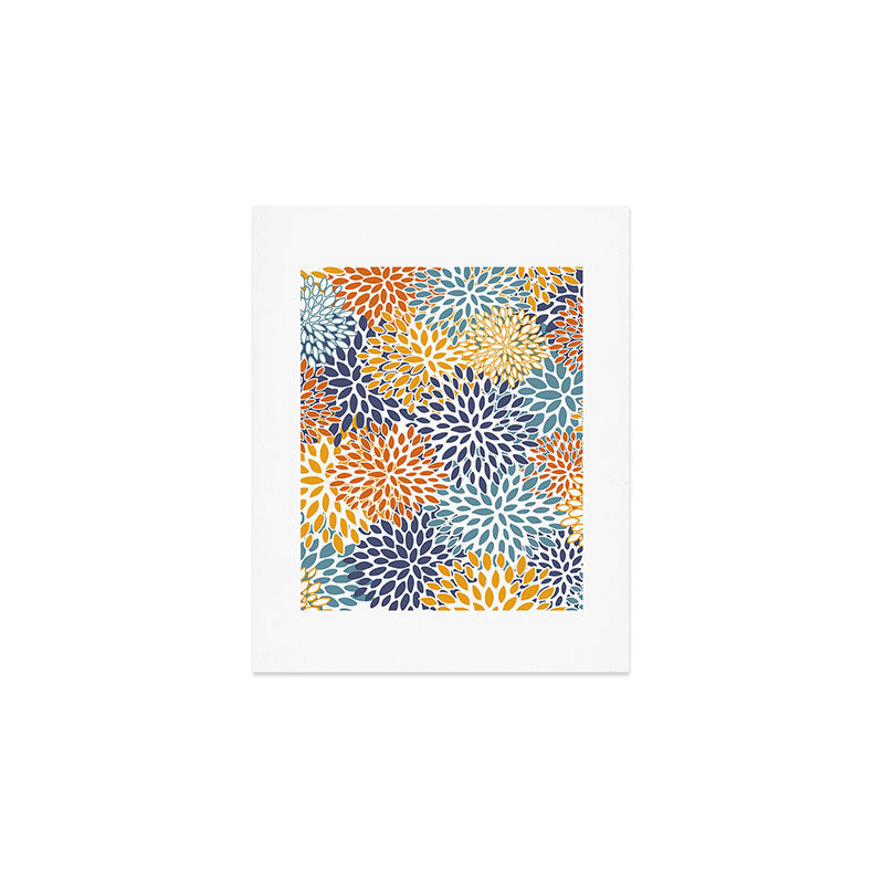 Floral Blooms, Blue, Teal, Orange, Yellow Art Print Gallery Image 1