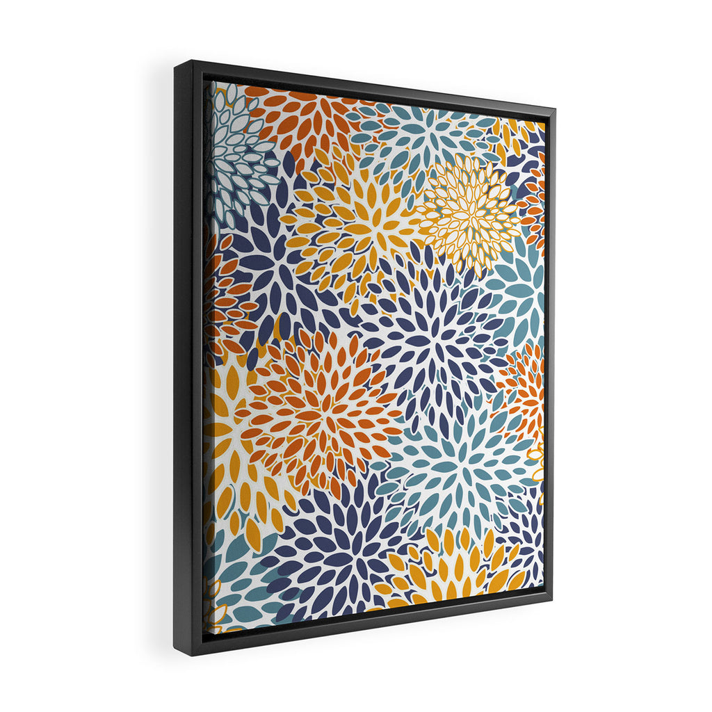 Floral Blooms, Blue, Teal, Orange, Yellow Framed Canvas Print Gallery Image 2