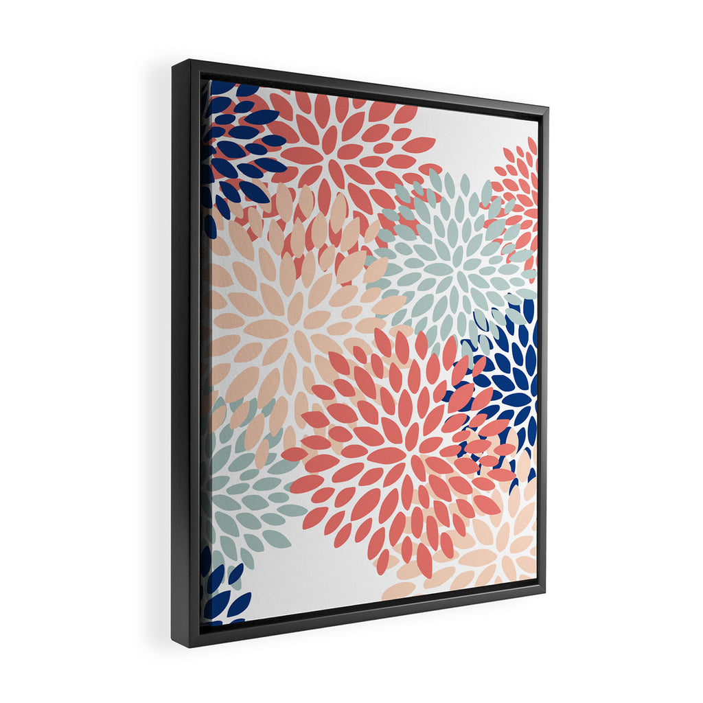 Floral Blooms, Coral, Navy, Aqua Framed Canvas Print Gallery Image 2