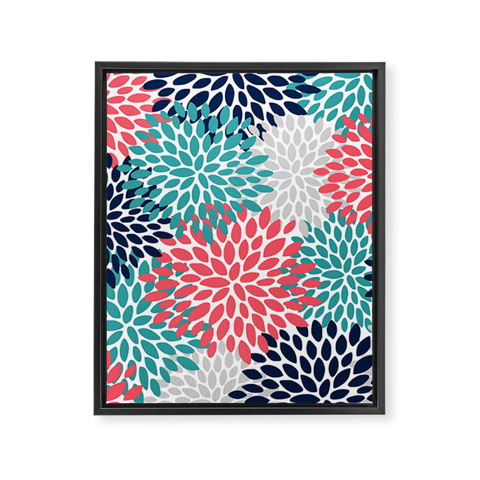 Floral Blooms, Coral Pink, Navy, Teal, Gray Framed Canvas Print Gallery Image 1
