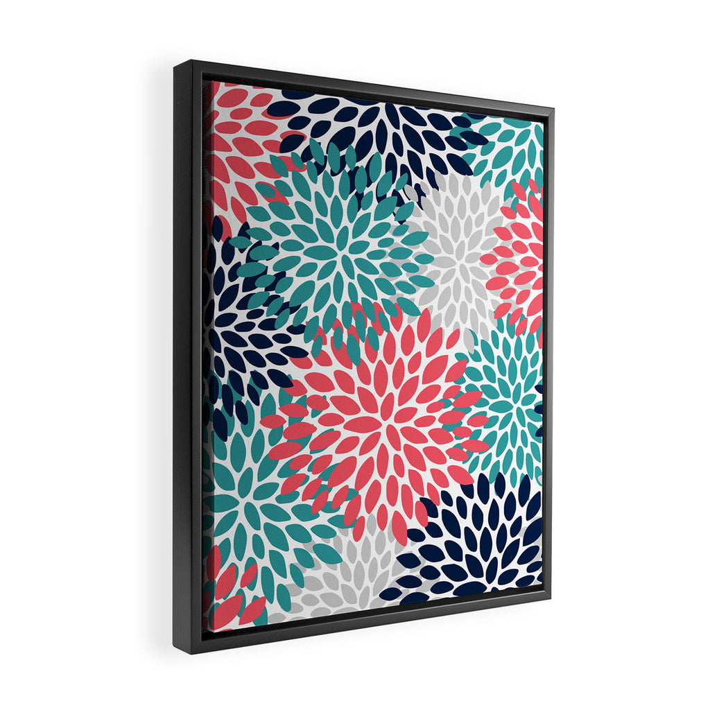 Floral Blooms, Coral Pink, Navy, Teal, Gray Framed Canvas Print Gallery Image 2