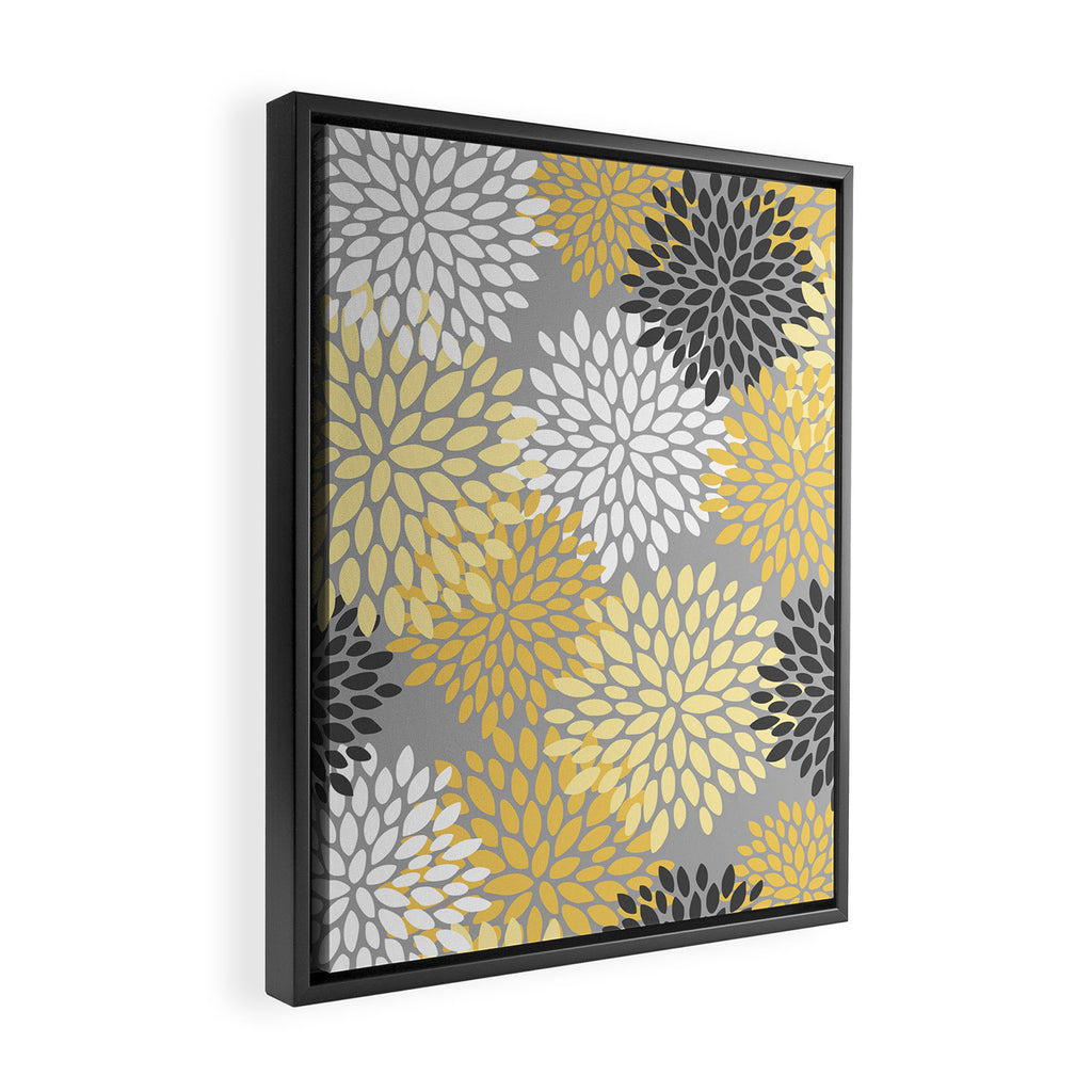Floral Blooms, Gray, Charcoal, Yellow Framed Canvas Print Gallery Image 2