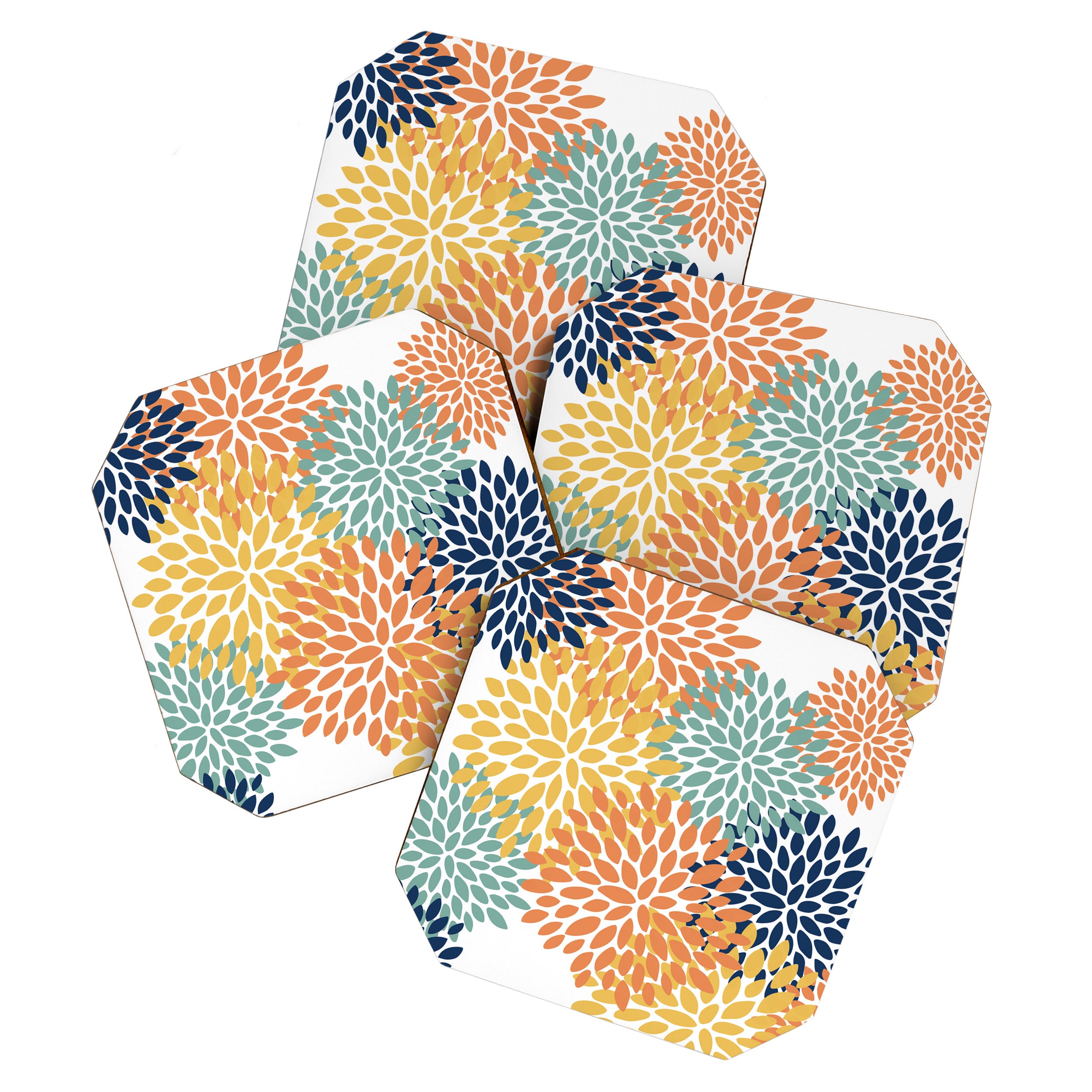 Floral Blooms, Orange, Yellow, Teal, Navy Coaster Gallery Image 1