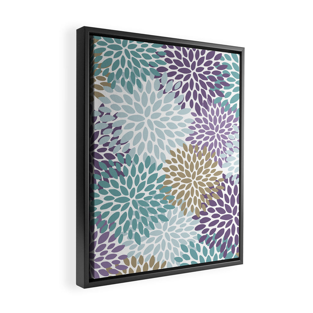 Floral Blooms, Purple, Teal, Gold Framed Canvas Print Gallery Image 2