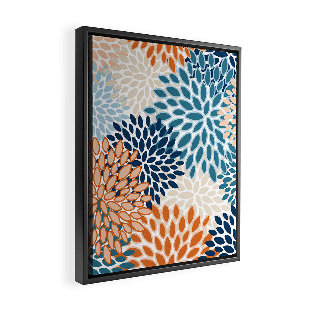 Floral Blooms, Teal, ;Blue, Orange Framed Canvas Print Gallery Image 2