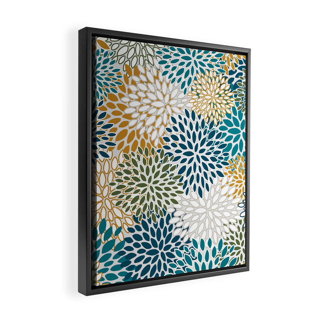 Floral Blooms, Teal, Green and Yellow Framed Canvas Print Gallery Image 2