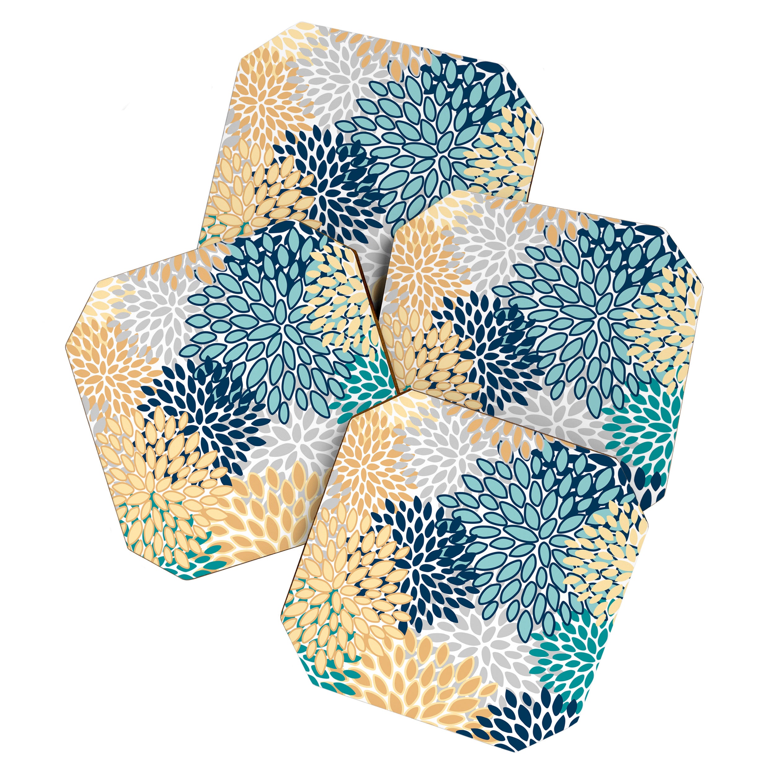 Floral Blooms, Yellow, Teal, Blue, Gray Coaster Gallery Image 1