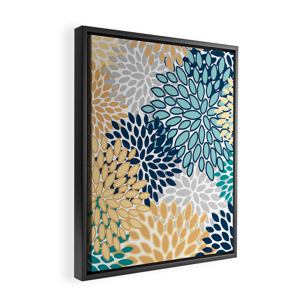 Floral Blooms, Yellow, Teal, Blue, Gray Framed Canvas Print Gallery Image 2