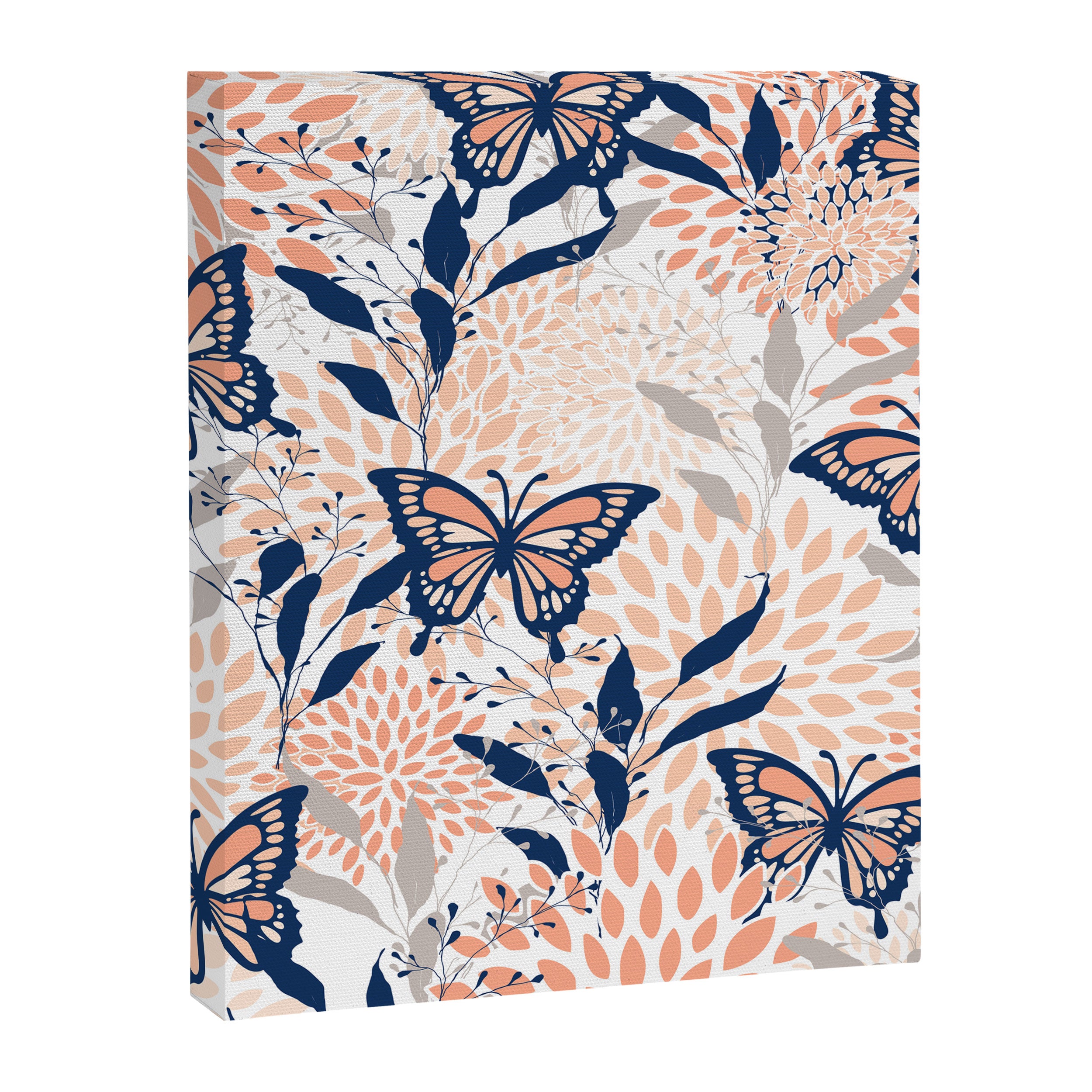 Floral, Butterflies Print, Coral, Navy Bue, Gray Canvas Print Gallery Image 8