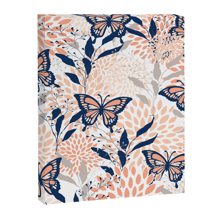 Floral, Butterflies Print, Coral, Navy Bue, Gray Canvas Print Gallery Image 1